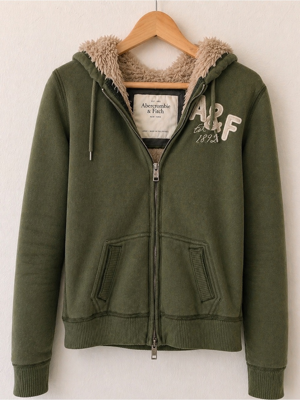 Abercrombie & Fitch Sherpa Lined Zip Hoodie Olive Green Y2K Bella Swan Size L